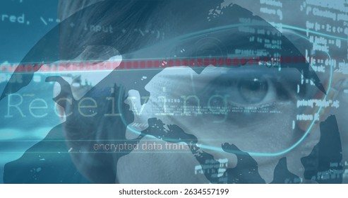 Image of data processing over woman using smartphone. Global technology finances business and data processing concept digitally generated image.
