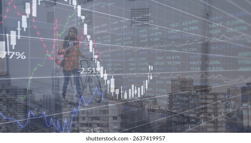 Image of data processing over woman with bicycle. Global business and digital interface concept digitally generated image.