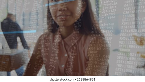 Image of data processing over woman paying with smartwatch. Global technology, computing and digital interface concept digitally generated image.