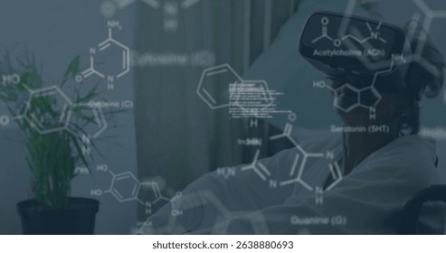 Image of data processing over woman with vr headset. Global business and digital interface concept digitally generated image.