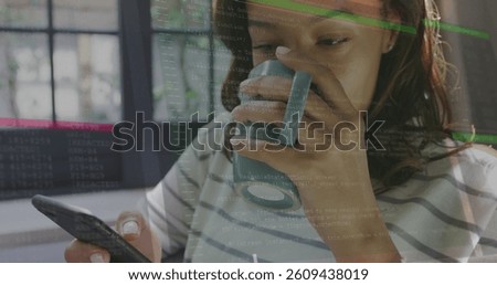 Image of data processing over woman using smartphone and drinkin tes at home. global connection and digital interface concept digitally generated image.