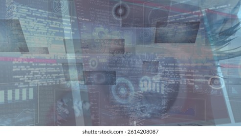 Image of data processing over woman's blue eye. global computing, technology and digital interface concept digitally generated image.