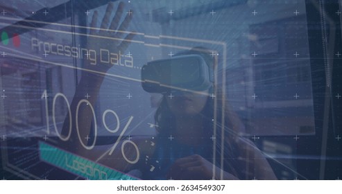 Image of data processing over women using vr headset. Global business, finances, data processing and digital interface concept digitally generated image.