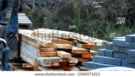 Image of data processing over wood and bricks building materials. Global development, business, connections, computing and data processing concept digitally generated image.