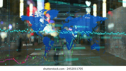Image of data processing over world map. Global business and digital interface concept digitally generated image.