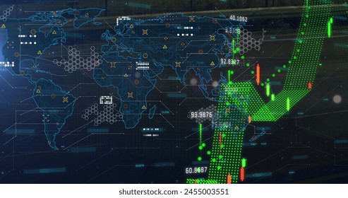 Image of data processing over world map on black background. Global technology, computing and digital interface concept digitally generated image.
