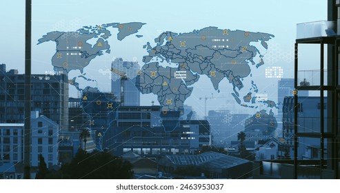 Image of data processing over world map against aerial view of cityscape. Global networking and business technology concept