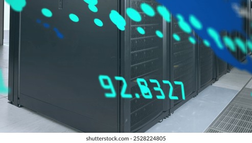 Image of data processing over world map against computer server room. Computer interface and business data storage technology concept