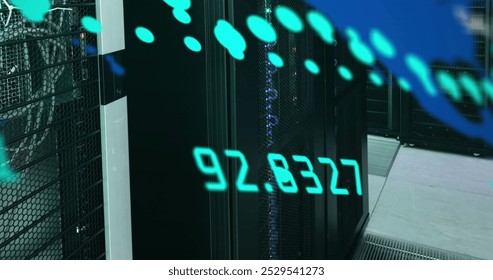 Image of data processing over world map and computer servers. Global computing, digital interface and data processing concept digitally generated image.