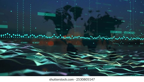 Image of data processing over world map. Global business and digital interface concept digitally generated image.