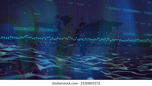 Image of data processing over world map. Global business and digital interface concept digitally generated image.