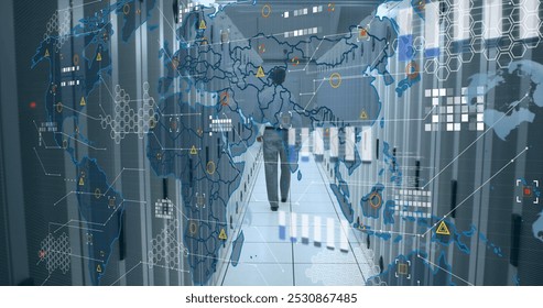 Image of data processing over world map against caucasian male engineer walking in server room. Computer interface and business data storage technology concept