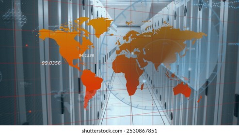 Image of data processing over world map against computer server room. Computer interface and business data storage technology concept