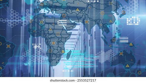 Image of data processing over world map and server room. Connection, data, processing, digital interface and global communication, digitally generated image.