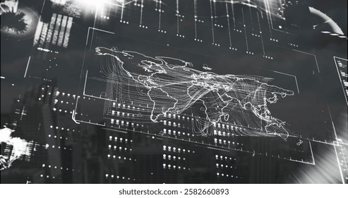 Image of data processing over world map on black background. Global finance, business, connections, computing and data processing concept digitally generated image.