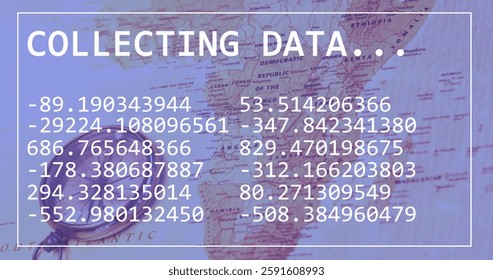 Image of data processing over world map. Global finances, computing, business and digital interface concept digitally generated image.