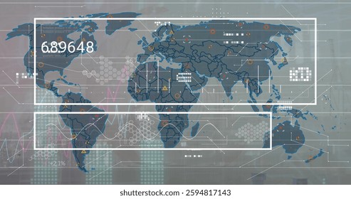 Image of data processing over world map on white background. Global technology, computing and digital interface concept digitally generated image.