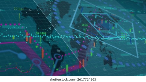 Image of data processing over world map. global business, finances, connections and digital interface concept digitally generated image.