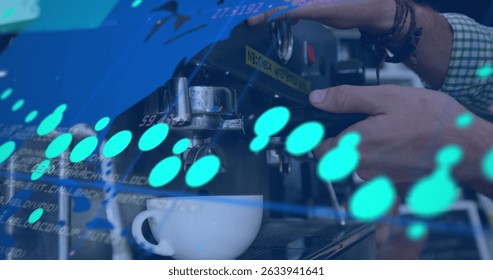 Image of data processing over world map against mid section of barista using coffee machine. Global business and data technology concept