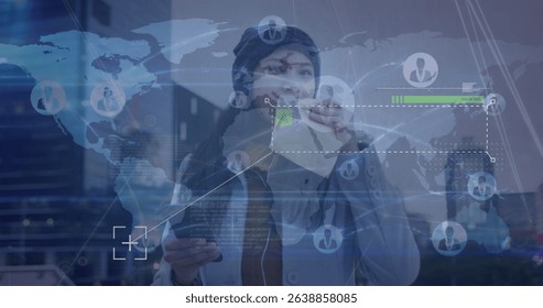Image of data processing over world map against asian woman having a snack on the street. Global networking and business technology concept
