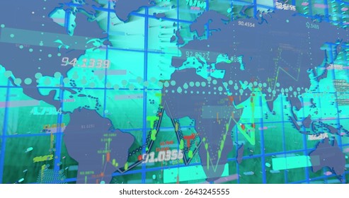 Image of data processing over world map. Global business, animals and digital interface concept digitally generated image.