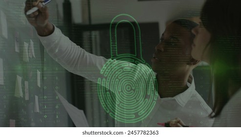 Image of data processing with padlock icon over diverse business people in office. Global business, computing and digital interface concept digitally generated image. - Powered by Shutterstock