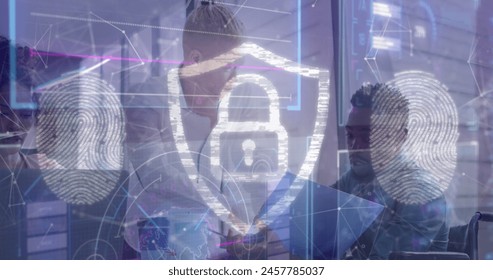 Image of data processing with padlock icon over diverse business people in office. Global business, computing and digital interface concept digitally generated image.