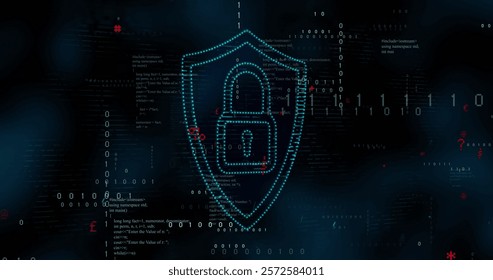 Image of data processing and padlock icon over dark background. Global cyber security, connections, computing and data processing concept digitally generated image.