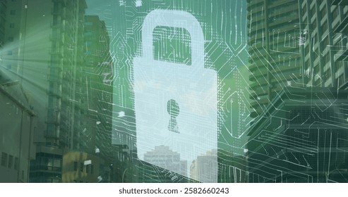 Image of data processing with padlock icon and computer circuit board over cityscape. Global technology, online security and digital interface concept digitally generated image.