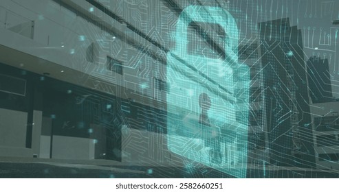 Image of data processing with padlock icon and computer circuit board over cityscape. Global technology, online security and digital interface concept digitally generated image.