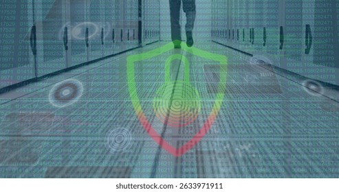 Image of data processing and padlock icon over caucasian businessman in server room. Global technology, computing and digital interface concept digitally generated image.