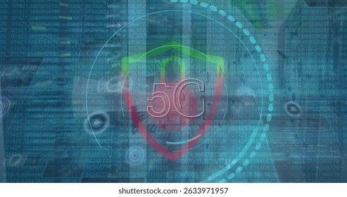 Image of data processing, padlock icon and scope scanning with 5g text over server room. Global technology, computing and digital interface concept digitally generated image. - Powered by Shutterstock - Get 15% off with code: PIKWIZARD15