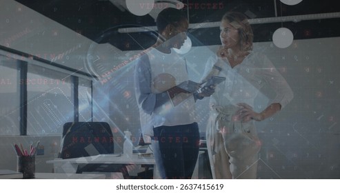 Image of data processing with padlock icon over diverse business people in office. Global business, computing and digital interface concept digitally generated image.