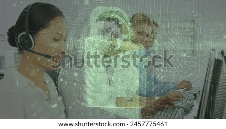 Image of data processing with padlock icon over diverse business people in office. Global business, computing and digital interface concept digitally generated image.