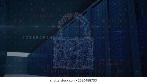 Image of data processing padlock icons over server room. Global business, finances, digital interface and connections concept digitally generated image. - Powered by Shutterstock - Get 15% off with code: PIKWIZARD15