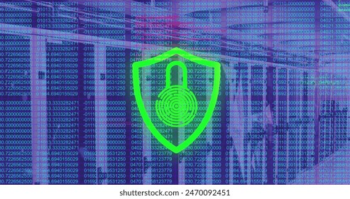 Image of data processing and padlock over server room. Global business and digital interface concept digitally generated image. - Powered by Shutterstock - Get 15% off with code: PIKWIZARD15