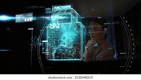 Image of data processing and padlock over caucasian female worker in server room. Computer security day and celebration concept digitally generated image.
