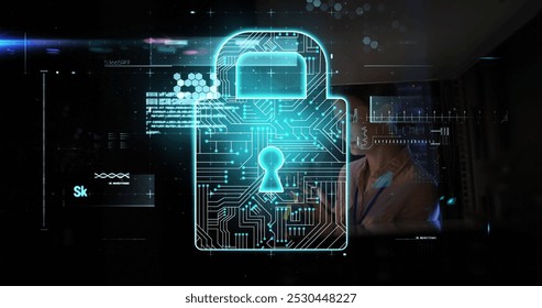 Image of data processing and padlock over caucasian female worker in server room. Computer security day and celebration concept digitally generated image. - Powered by Shutterstock