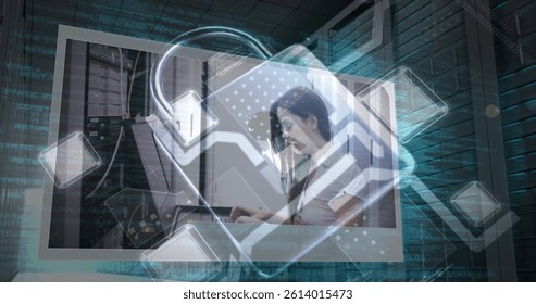 Image of data processing and padlock over server room. global internet security, connections and data processing concept digitally generated image.