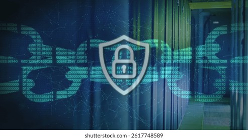 Image of data processing with padlock over server room. global technology and digital interface concept digitally generated image.