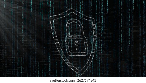 Image of data processing and padlock over black background. digital interface and data processing concept digitally generated image.