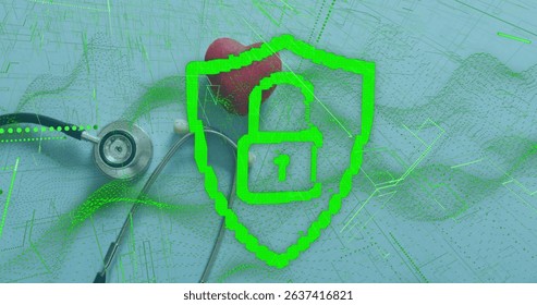 Image of data processing and padlock over heart and stethoscope. Global medicine and digital interface concept digitally generated image.