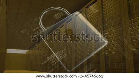 Image of data processing and padlock over server room. global internet security, connections and data processing concept digitally generated image.