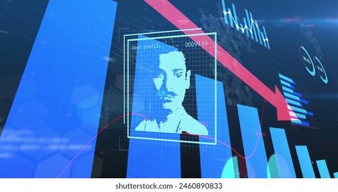 Image of data processing and people icons over blue background. Global business and digital interface concept digitally generated image.