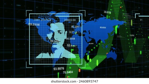 Image of data processing and people icons over black background. Global business and digital interface concept digitally generated image.