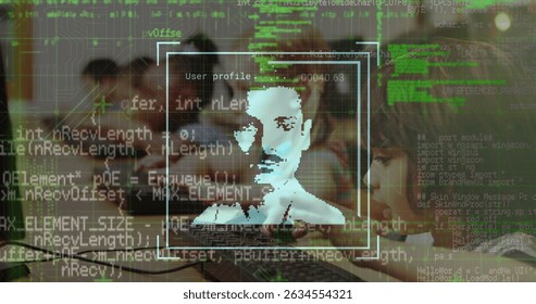Image of data processing with people portraits over diverse schoolchildren using computer. Global education, technology and digital interface concept digitally generated image.
