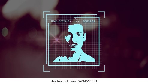 Image of data processing with people portraits over light spots on black background. Global business, finances and digital interface concept digitally generated image.