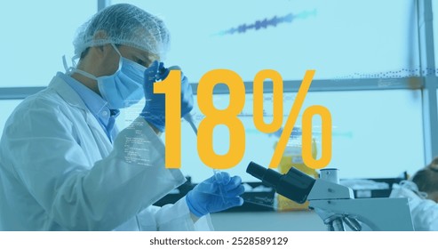 Image of data processing and percent over caucasian male scientist in lab. Global science and digital interface concept digitally generated image.