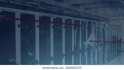 Image of data processing and plexus networks over empty computer server room. Global networking and business storage technology concept