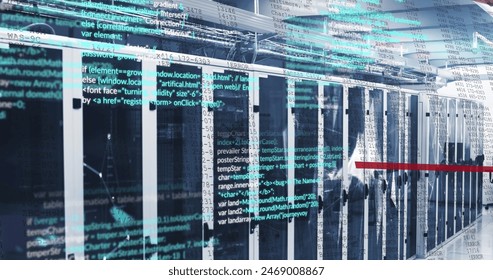 Image of data processing and plexus networks against computer server room. Computer interface and business data storage technology concept